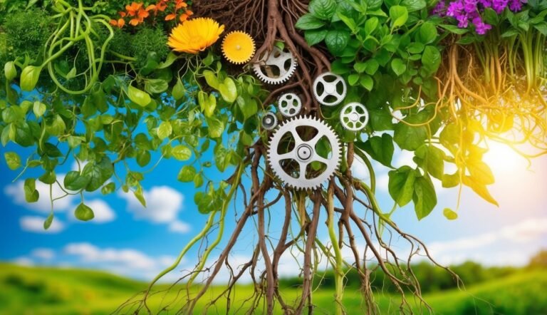 Tree roots with gears, flowers, and foliage against a blue sky