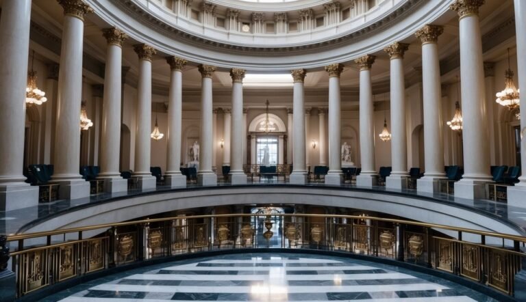 Ornate rotunda with columns, chandeliers, and a marble floor