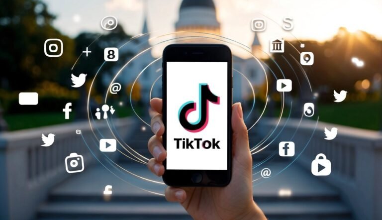 Hand holding phone with TikTok logo, surrounded by social media icons