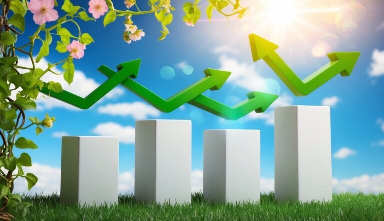 Green arrows rising over white blocks, flowers, and sunny sky