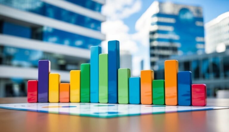 Colorful bar graph in front of blurred modern office buildings
