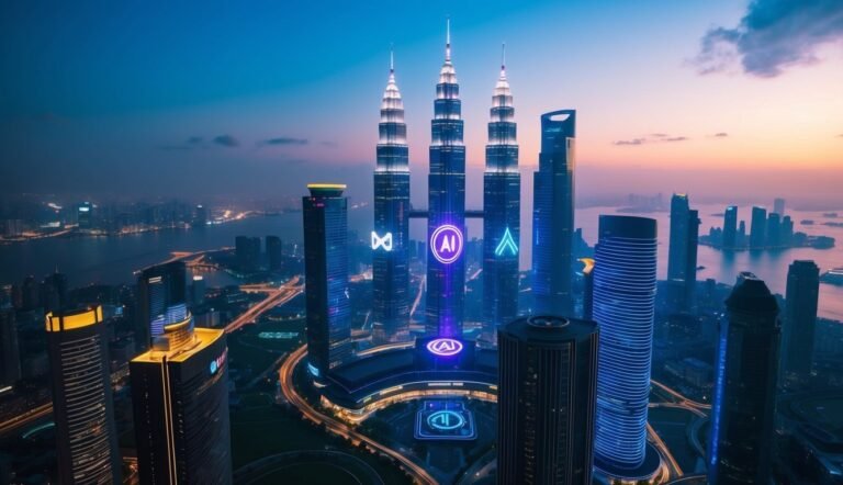 Futuristic cityscape with glowing AI symbols on skyscrapers at dusk