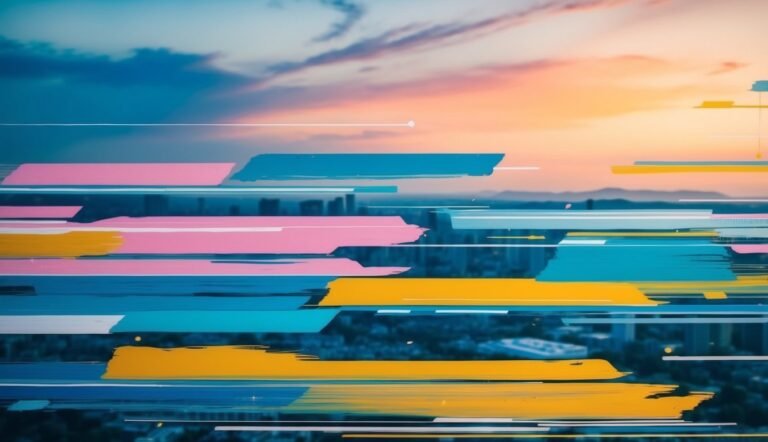 Abstract cityscape with colorful brushstrokes over a sunset sky