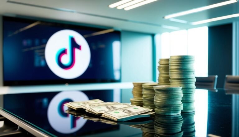 TikTok logo on screen with money and coins on a table