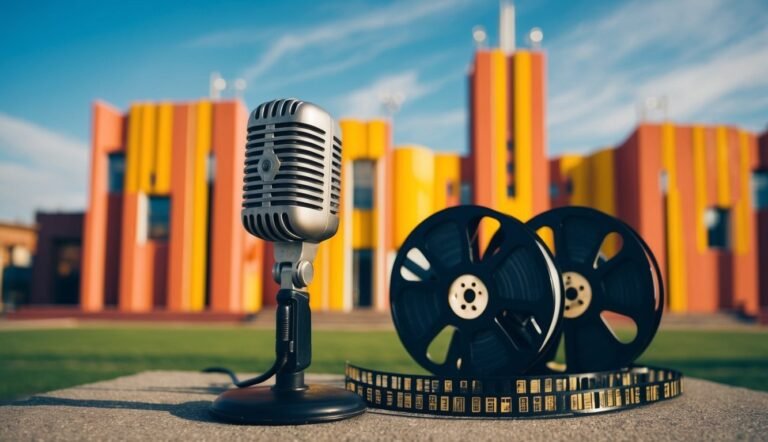 Vintage microphone, film reels, and film strip against colorful building backdrop