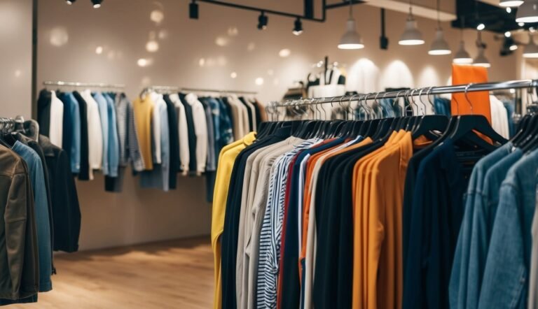 Clothing store interior with racks of colorful shirts and jackets