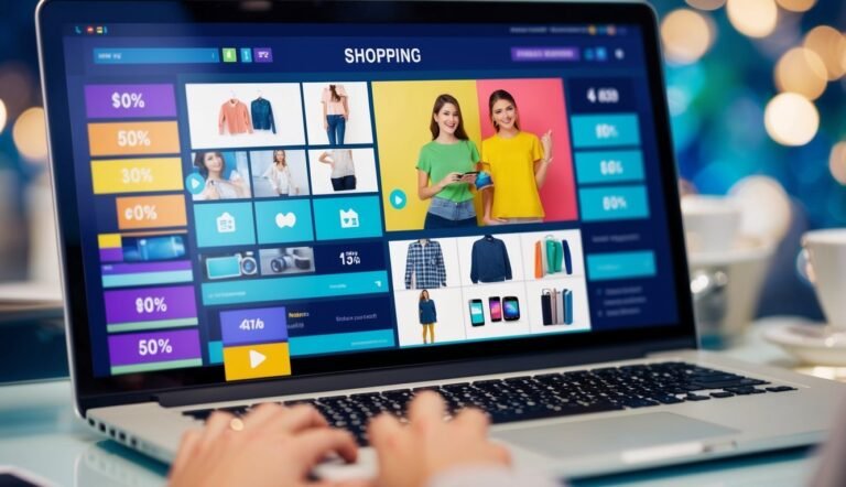 Laptop displaying an online shopping website with clothing and discount offers