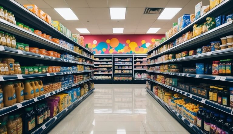 Grocery store aisle with shelves stocked with various food products