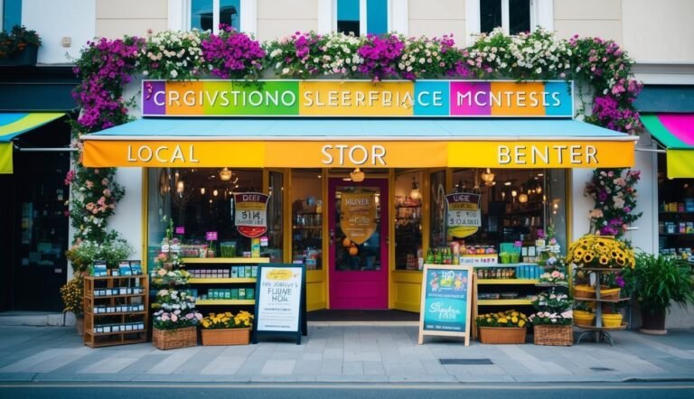 Colorful storefront with flowers, awnings, and signs, selling local goods