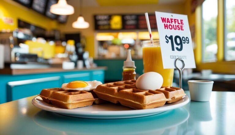 Waffles, eggs, and juice on a plate at Waffle House restaurant