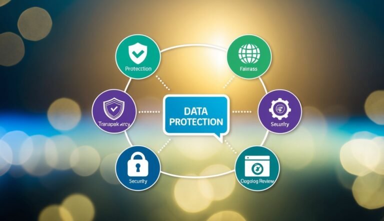 Data protection concept diagram with icons for security, fairness, and transparency