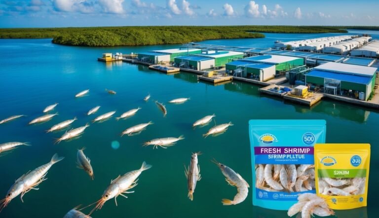 Shrimp farm with packages of fresh shrimp and shrimp swimming in water