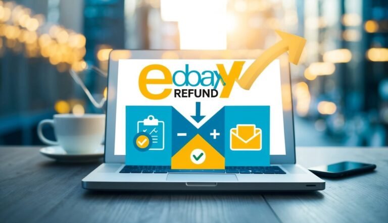 Laptop screen with "eBay Refund" graphic and an upward arrow