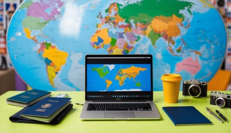 Laptop with world map, passports, cameras, and a globe in the background