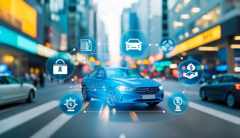 Blue car with digital icons representing smart technology on city street