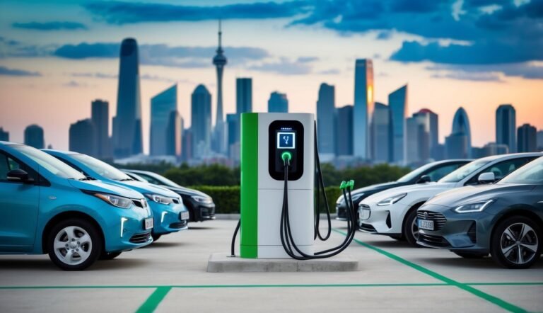Electric cars charging at a station with a city skyline in the background