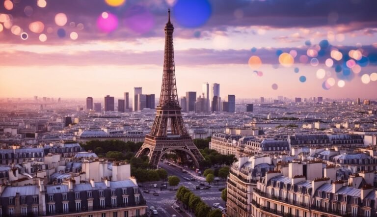 Eiffel Tower in Paris, France, at sunset with city skyline