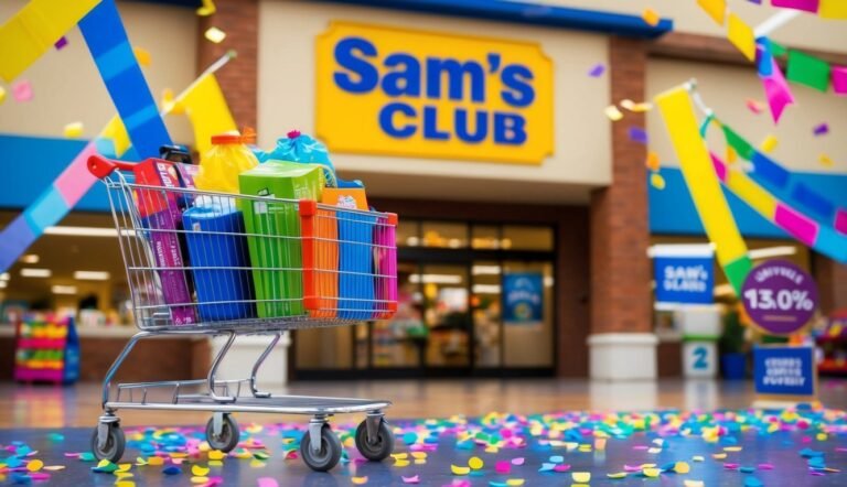 Shopping cart filled with groceries in front of a Sam's Club store