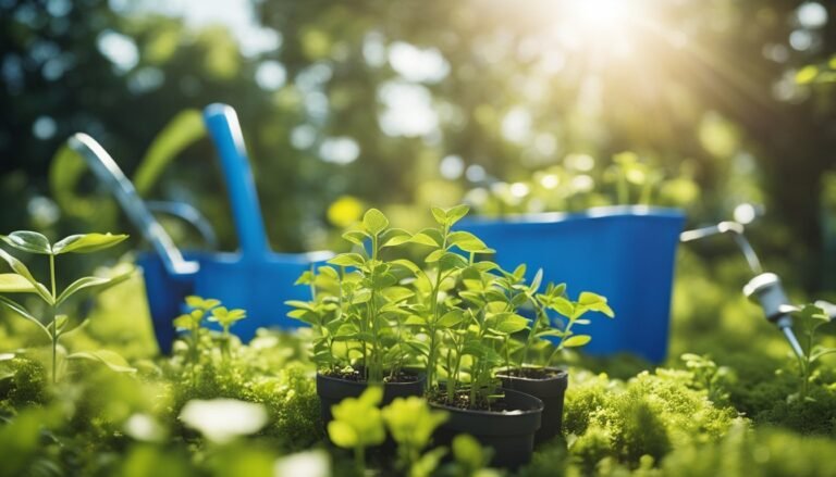 Seedlings in pots with a blue wheelbarrow in a sunny garden