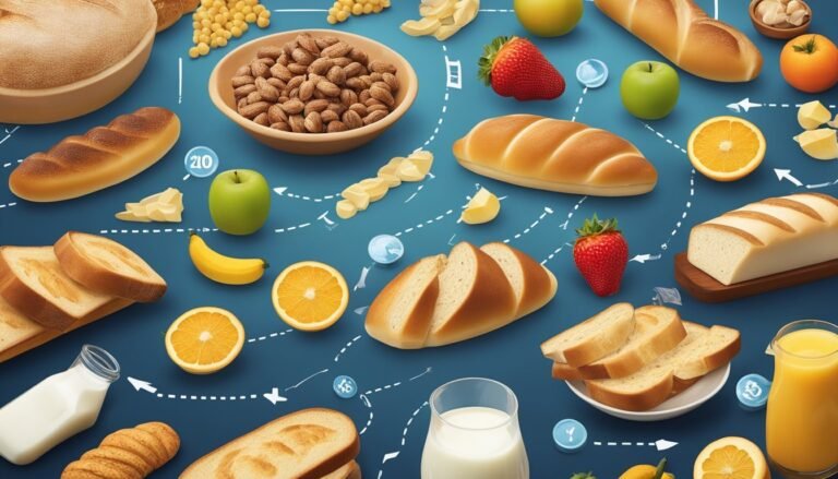 Assortment of bread, fruit, and dairy products on a blue background
