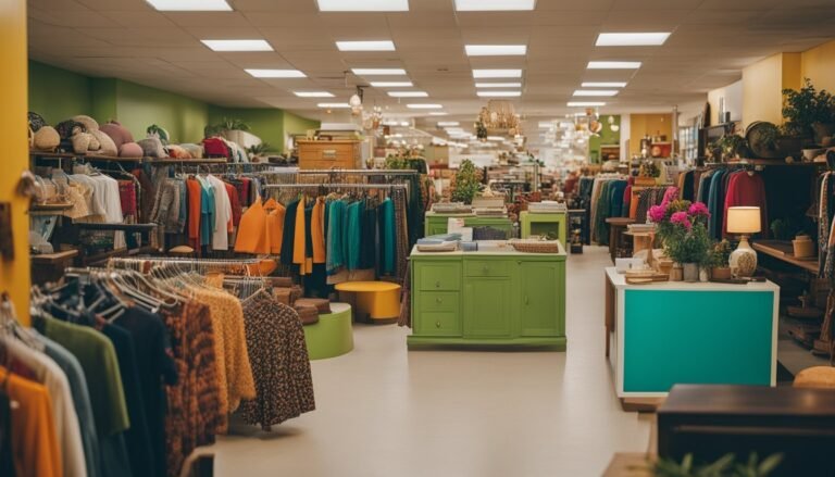 Clothing racks and displays in a brightly lit vintage shop