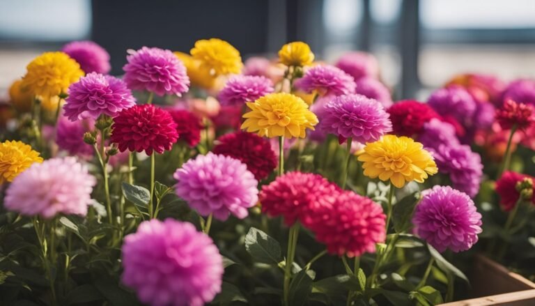 Close-up of colorful pompom flowers in shades of pink, red, and yellow