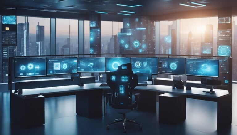 Futuristic control room with multiple monitors displaying data and city view