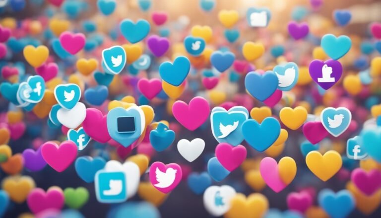 Colorful hearts with social media logos floating in the air