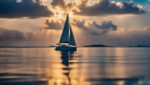 Sailboat on calm water reflecting sunset with islands in the distance