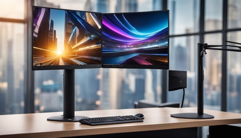 Dual computer monitors with cityscapes on a desk in an office