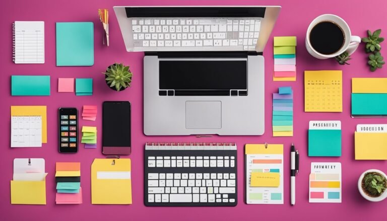 Laptop, phone, coffee, and office supplies arranged on a pink background