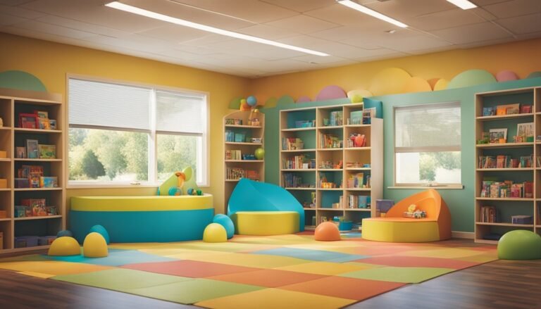 Colorful children's library with bookshelves, beanbag chairs, and a colorful floor