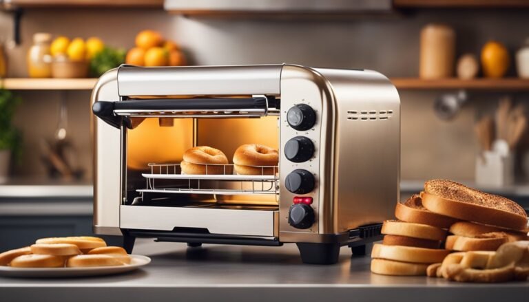 Toaster oven with bagels inside, bread slices, and a plate of bagels