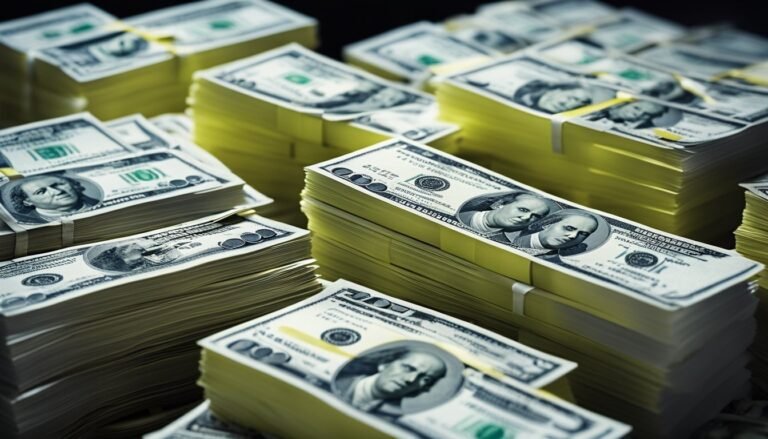 Stacks of hundred dollar bills, tightly bound, filling the frame