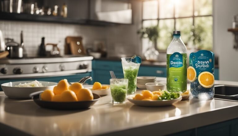 Kitchen counter with drinks, oranges, and a bottle of juice